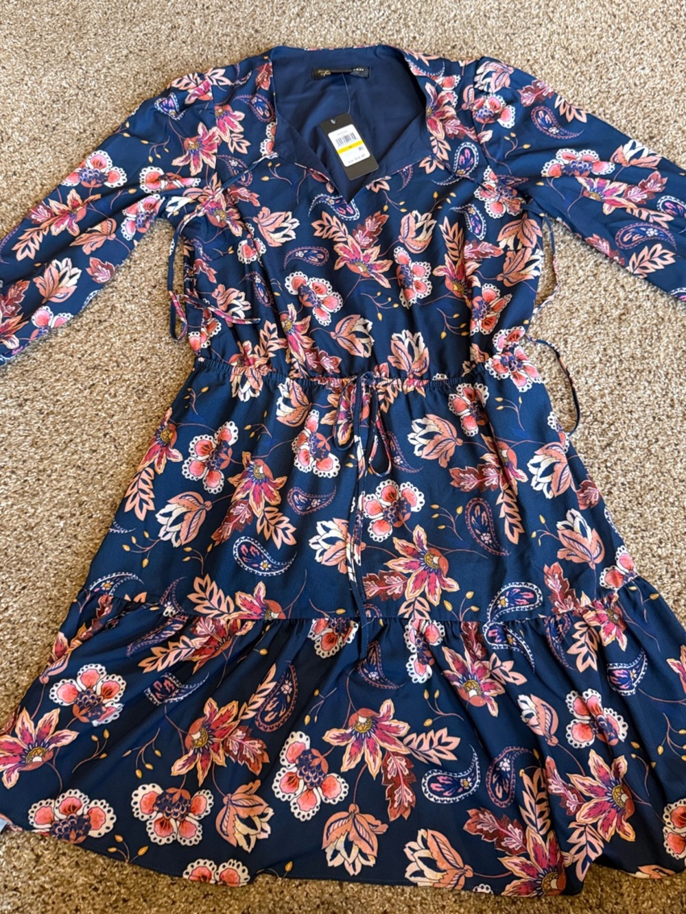 Women's Navy Floral Midi Dress with Pink Accent